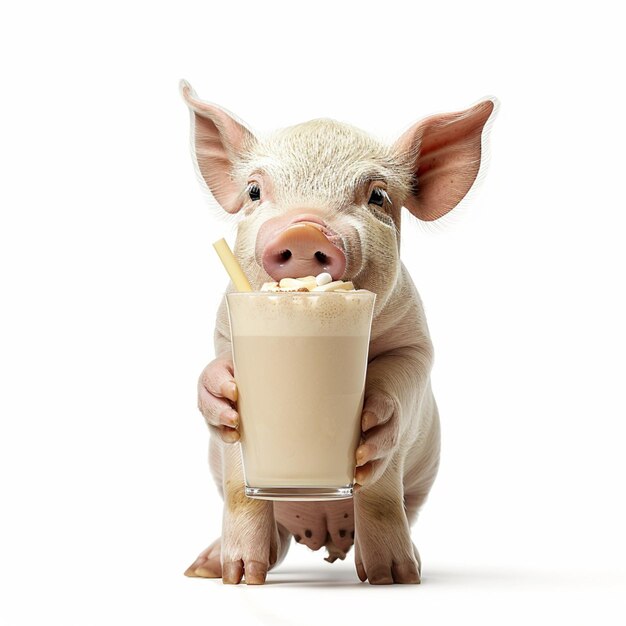 świnia pijąca mleko ze szklanki z słomką