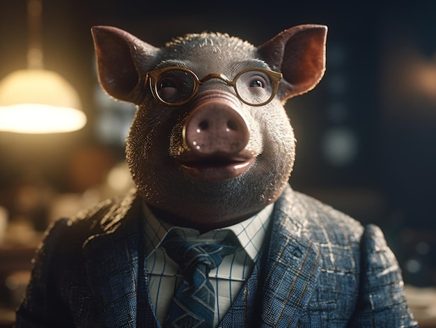 Świnia ubrana w garnitur biznesowy i nosząca okulary