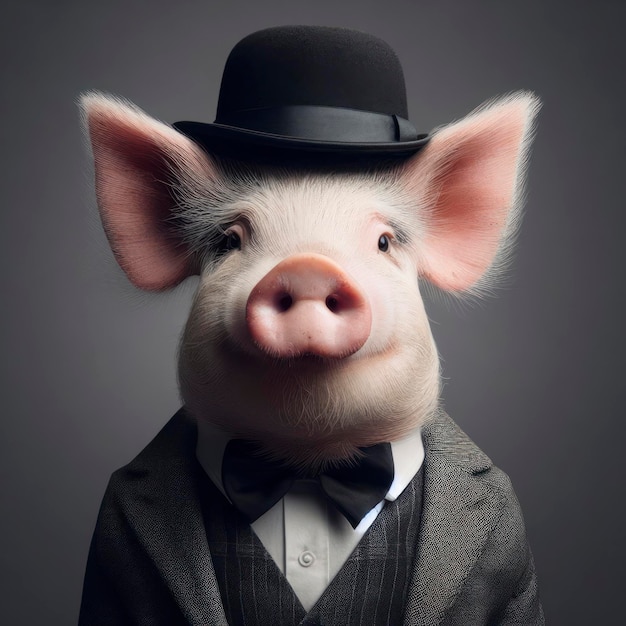 Świnia w kapeluszu i garniturze portret na stałym tle ai generatywny