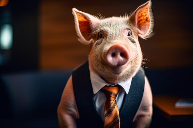 Świnia w krawacie i kamizelce z krawatem na szyi Generacyjna sztuczna inteligencja