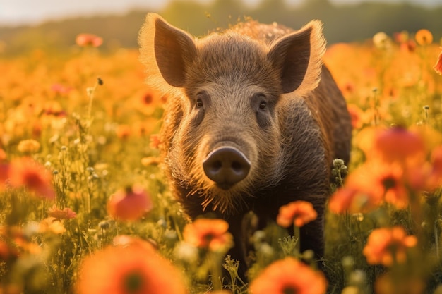 Świnia w polu kwiatów
