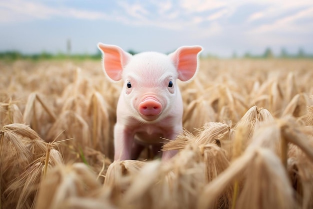 świnia w polu pszenicy z różowym nosem
