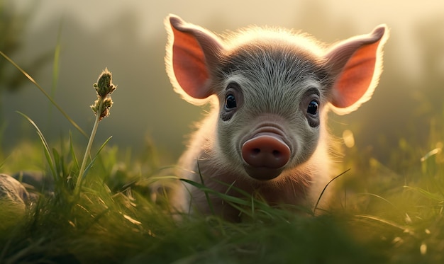 świnia w trawie z słońcem za nią