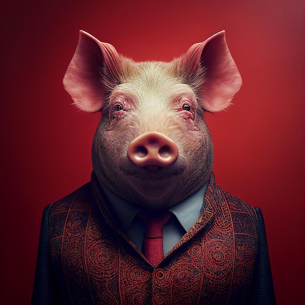 Świnia z czerwonym tłem i koszulą z napisem „jestem świnią”