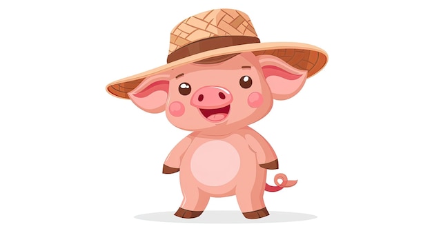 Świnia z kreskówki w słomkowym kapeluszu się uśmiecha.