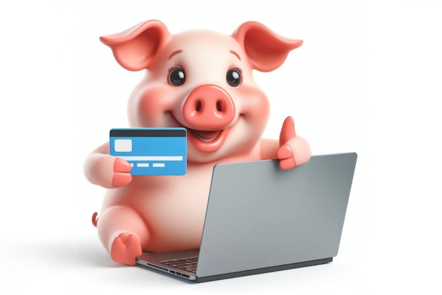 świnia z laptopem robiąca zakupy online pokazująca kciuki na białym tle