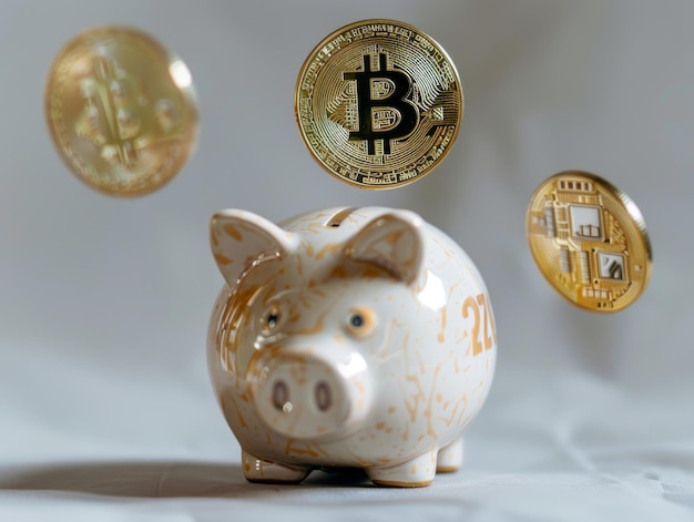 świnia z trzema bitcoinami spadającymi w prostym i minimalistycznym stylu fotografowanie wysokiej rozdzielczości