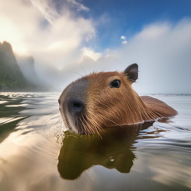 świnka morska pływa w jeziorze z górami na tle
