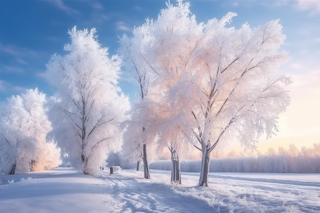 Świt mroźny poranek Zimowy krajobraz mroźnych drzew, biały śnieg i błękitne niebo Spokojna Generatywna AI
