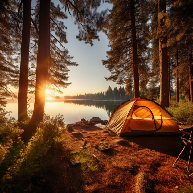 Świt w mglistym lesie z samotnym namiotem o zachodzie słońca
