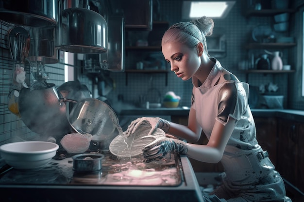 Sybernetyczna pomocniczka androida Sztuczna inteligencja pomaga w codziennym życiu Robot czyszczący kucharz zmywarka AI dla zabawy i rozrywki w przyszłości Humanoid wygląda jak człowiek Generacyjna sztuczna inteligencja