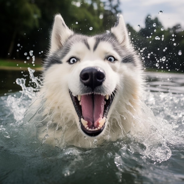 Syberyjski husky odświeżająco pływa w jeziorze