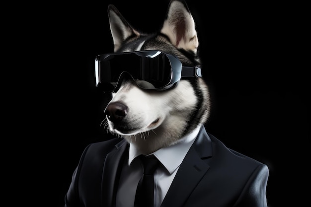 Syberyjski Husky w garniturze i wirtualna rzeczywistość na czarnym tle