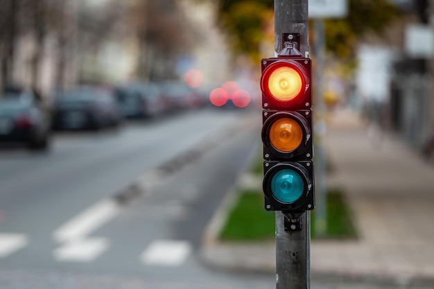 Sygnalizacja świetlna na skrzyżowaniu ulic z pięknym miastem bokeh z samochodami w tle