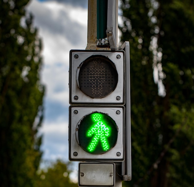 Sygnalizacja świetlna z zapalonym zielonym światłem.