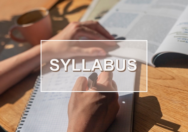 Syllabus Słowo Nad Zdjęciem Z Zbliżeniem Dłoni W Notatniku