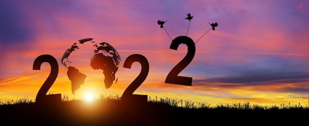 Zdjęcie sylwetka 2022 lat w tle zachodu słońca. ptaki niosące numer 2 podczas obchodów 2022 roku. szczęśliwego nowego roku i wesołych świąt. skopiuj miejsce.