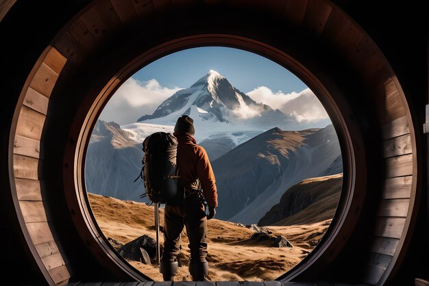 Zdjęcie sylwetka alpinisty wygląda przez okrągłe okno chaty na dramatyczny szczyt