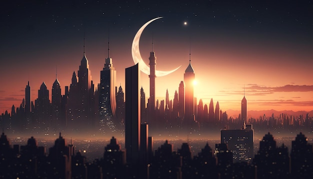 Sylwetka arabskiego miasta nocą z półksiężycem Ramadan Kareem Generative AI