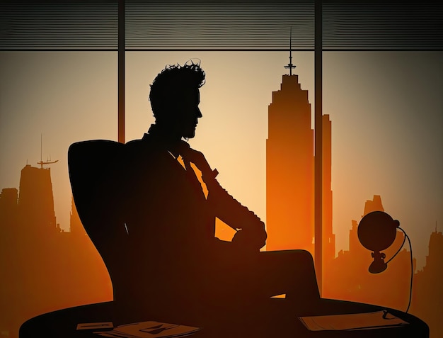 Sylwetka biznesmena siedzącego w biurze i myślącego anonimowego członka rządu cieni