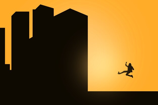 Sylwetka bizneswoman skaczącej z budynkiem i jasnym tłem