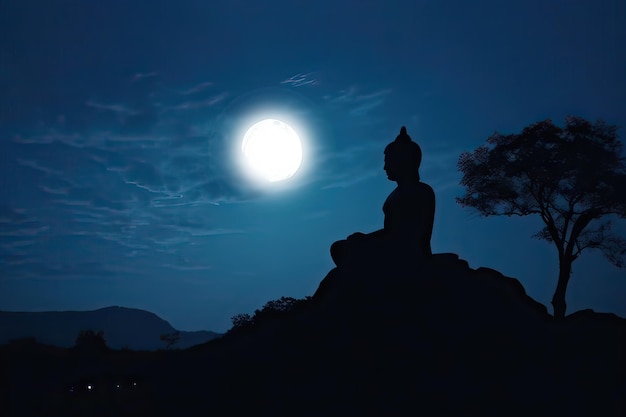 Sylwetka Buddy medytującego pod generatywną sztuczną inteligencją pełni księżyca