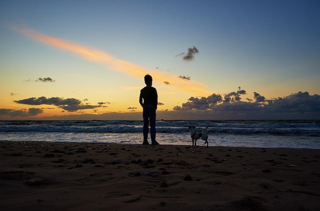 Sylwetka chłopca i psa stojącego na plaży w pobliżu morza i patrzącego na fale o zachodzie słońca