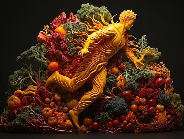 sylwetka człowieka biegającego na tle warzyw i owoców zdrowe odżywianie Generatywna sztuczna inteligencja