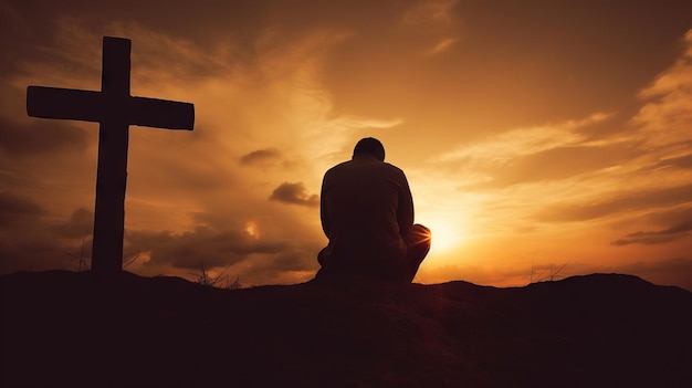 Sylwetka człowieka modlącego się z krzyżem o zachodzie słońca Generatywna AI
