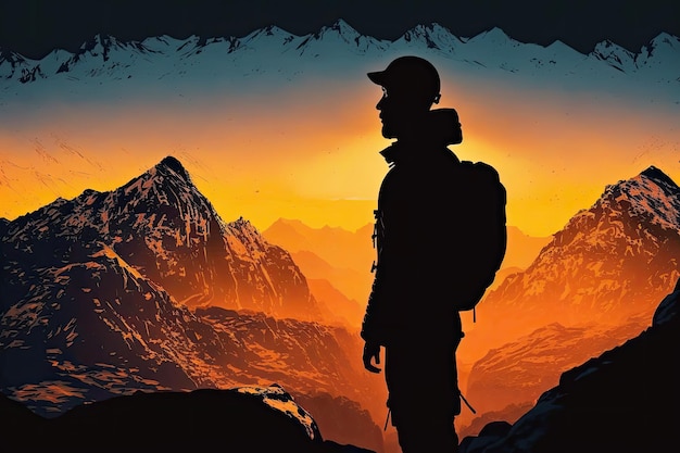 Sylwetka człowieka przed wschodem słońca z widokiem na pasmo górskie i dolinę poniżej