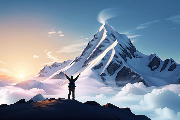 Zdjęcie sylwetka człowieka trzymającego ręce na szczycie góry. koncepcja sukcesu.