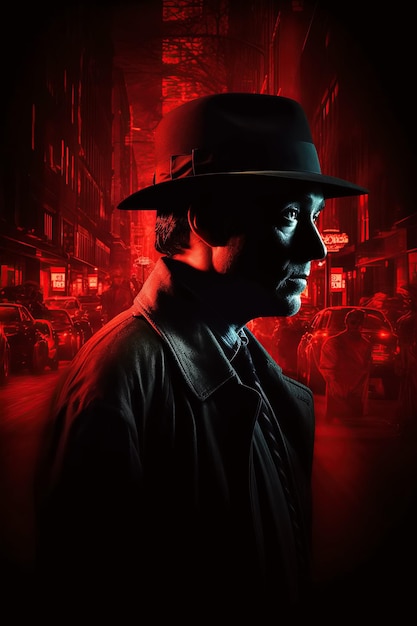 Sylwetka detektywa-szpiega w kapeluszu Okładka thrillerów książkowych powieści detektywistycznej Ilustracja Generative AI