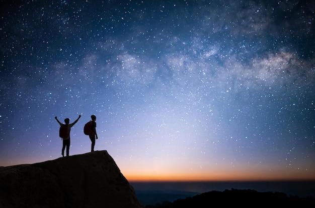 Sylwetka dwóch młodych mężczyzn stojących z otwartymi ramionami i obserwowanych w Drodze Mlecznej.