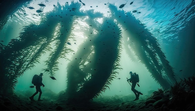 Sylwetka dwóch płetwonurków pływających pod wodą w turkusowej wodzie wśród podwodnego świata stosu ryb