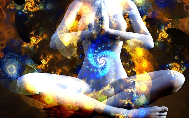 Zdjęcie sylwetka dziewczyny w pozycji lotosu na tle fraktalnego wszechświata ilustracje 3d