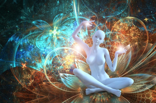 Sylwetka dziewczyny w pozycji lotosu na tle fraktalnego wszechświata ilustracje 3D
