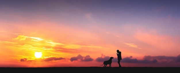 Sylwetka dziewczyny z dużym psem o zachodzie słońca