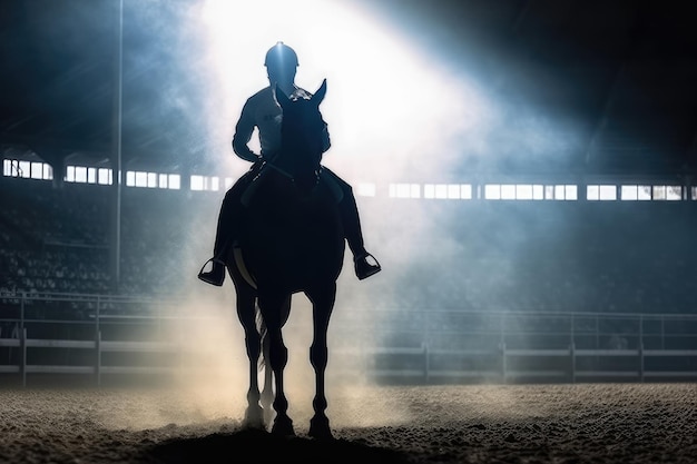 Sylwetka dżokeja i jego konia Wyścigi konne na stadionie Stworzono przy użyciu technologii Generative AI