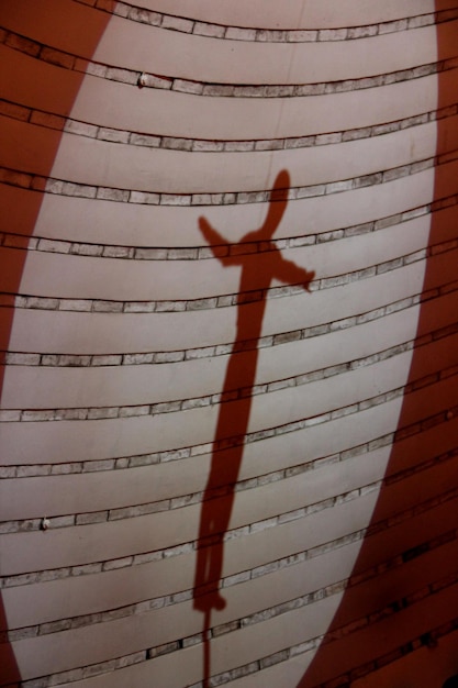 Sylwetka gimnastyczki na ścianie Cień gimnastyczki aktora balansującego wykonującego numer wysoko nad areną cyrkową Mężczyzna równoważący pokazujący sztuczki podczas występów gimnastyczek w cyrku