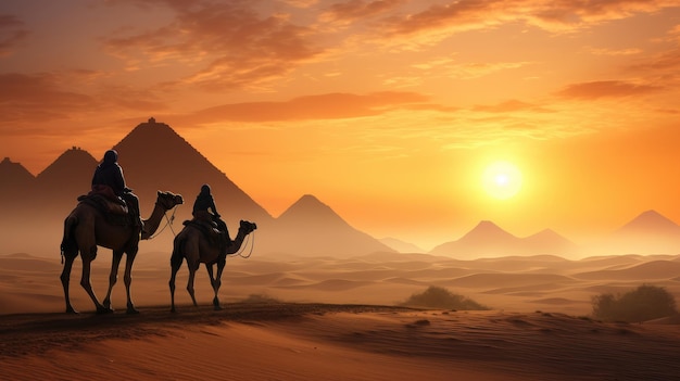 sylwetka grupy Beduinów na wielbłądzie na tle ciepłych barw pustynnego zachodu słońca w pobliżu piramid w Gizie To zdjęcie oddaje romantyzm i wspaniałość pustynnych podróży w reklamie Egiptu