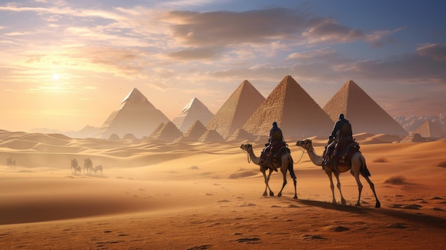 sylwetka grupy Beduinów na wielbłądzie na tle ciepłych barw pustynnego zachodu słońca w pobliżu piramid w Gizie To zdjęcie oddaje romantyzm i wspaniałość pustynnych podróży w reklamie Egiptu