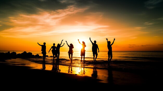 Sylwetka grupy przyjaciół dobrze się bawi na plaży o zachodzie słońca Generative Ai