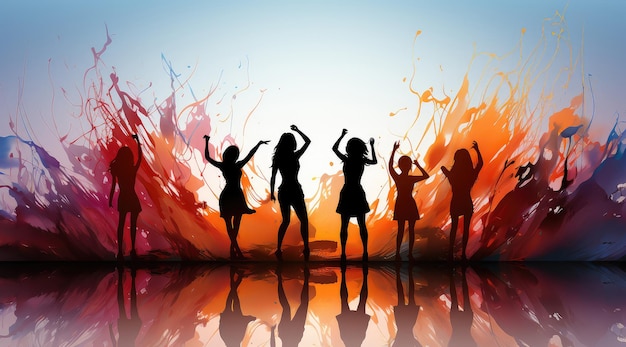 Sylwetka grupy tańczących kobiet na kolorowym tle Sztuka abstrakcyjna ekstremalne zbliżenie Generatywna sztuczna inteligencja