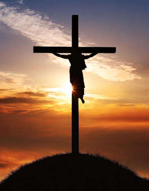 Zdjęcie sylwetka jezusa chrystusa i krzyża przy zachodzie słońca