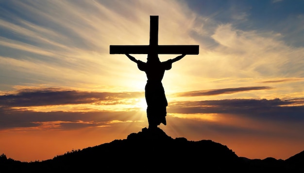 Sylwetka Jezusa Chrystusa i krzyża przy zachodzie słońca