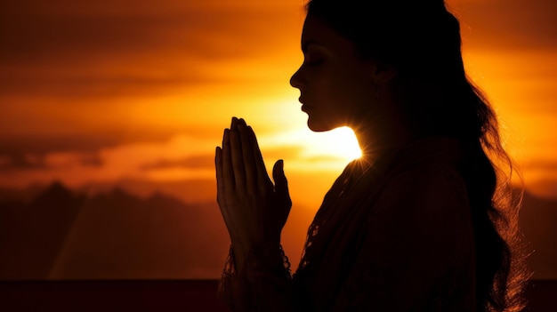 Sylwetka kobiety i medytacja w przyrodzie przy zachodzie lub wschodzie słońca dla uważności i duchowości