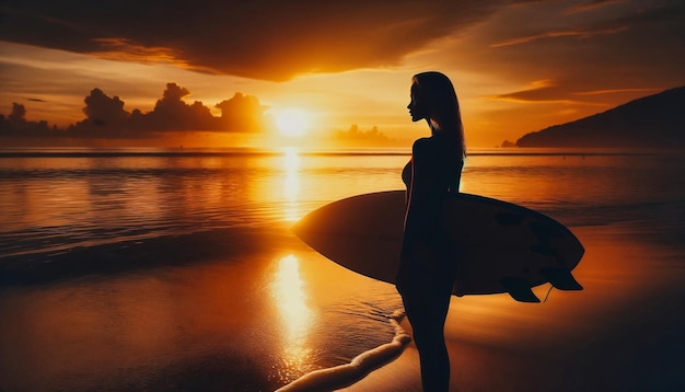 sylwetka kobiety na plaży z deską do surfowania