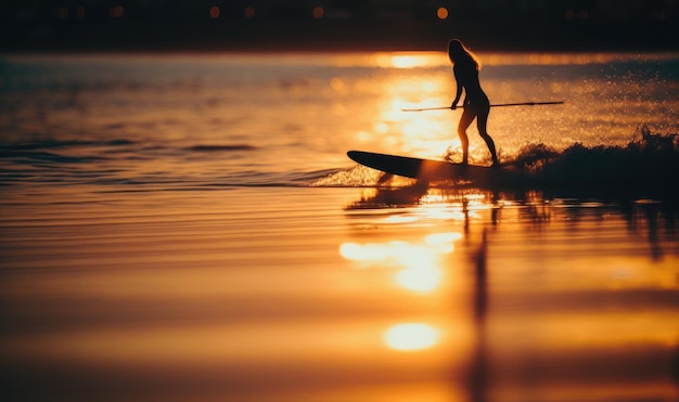 Sylwetka kobiety surfującej na desce wiosłowej o zachodzie słońca na spokojnych wodach