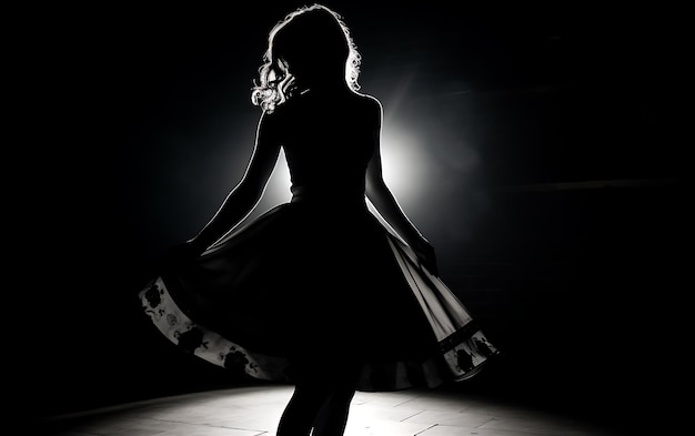 Sylwetka kobiety tańczącej w ciemności z obręczą światła Koncepcja tła tańca
