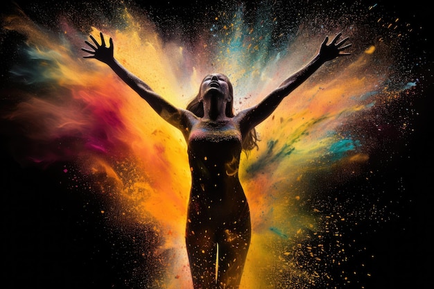 Sylwetka kobiety tańczącej z kolorowymi plamami proszku Kolorowa eksplozja kolorowego proszku z sylwetką tańczącej kobiety Wygenerowano sztuczną inteligencję